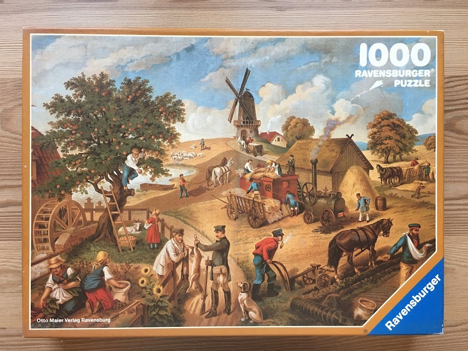 A rural farming scene with a windmill, workers, horse-drawn carts, and an apple tree.