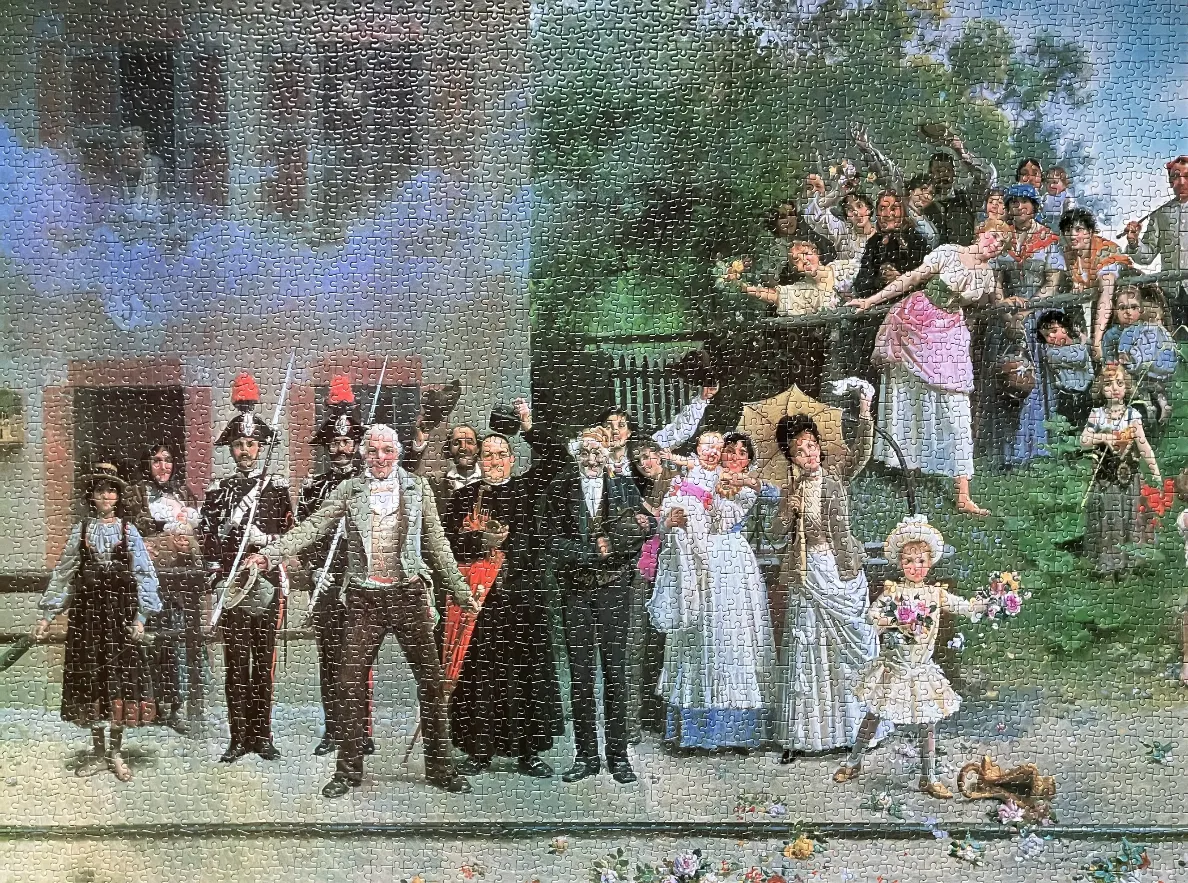 A Victorian-era crowd gathered on a street to wave at a passing event, in an oil painting style.