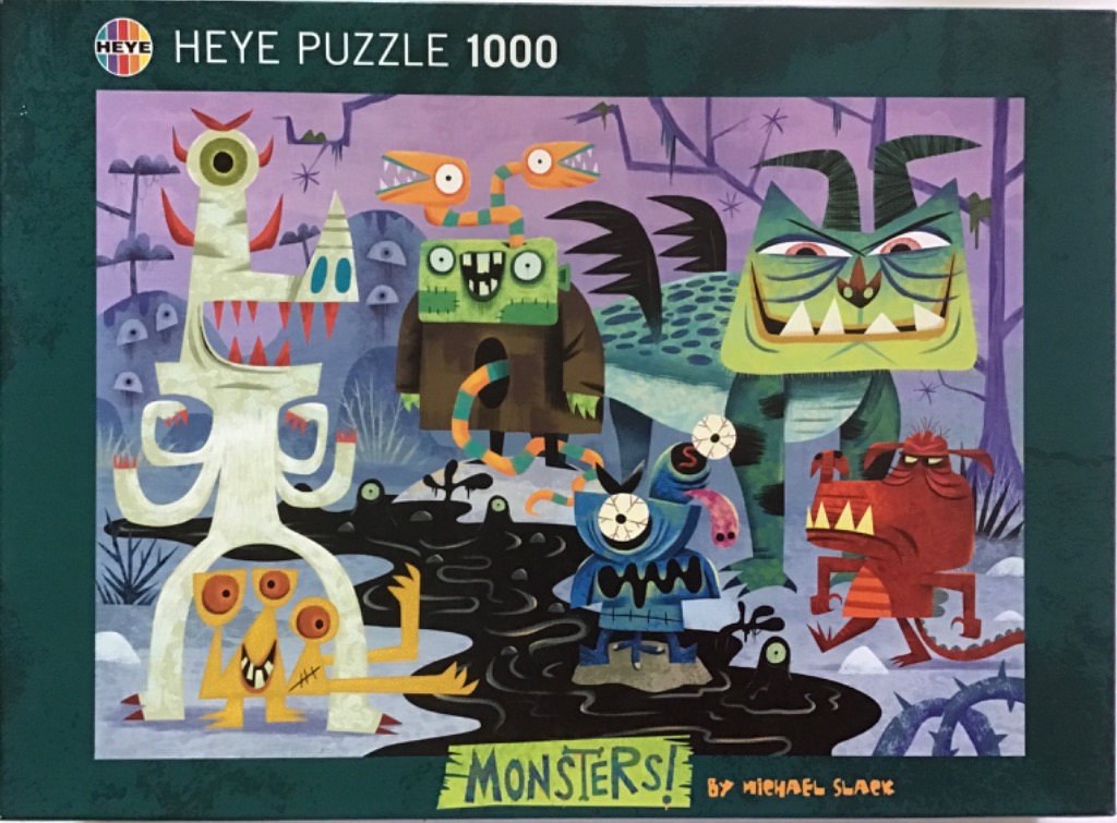 A whimsical illustration of various colorful, cartoon-style monsters gathering in a dark, murky swamp.