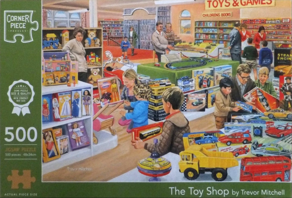An illustration of a bustling, nostalgic toy shop filled with children and parents browsing shelves and tables.