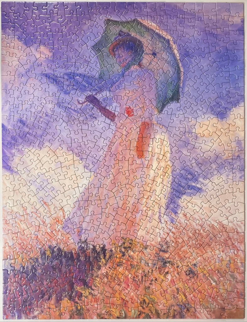 Impressionist oil painting of a woman holding a parasol in a wildflower field under a cloudy, violet-toned sky.