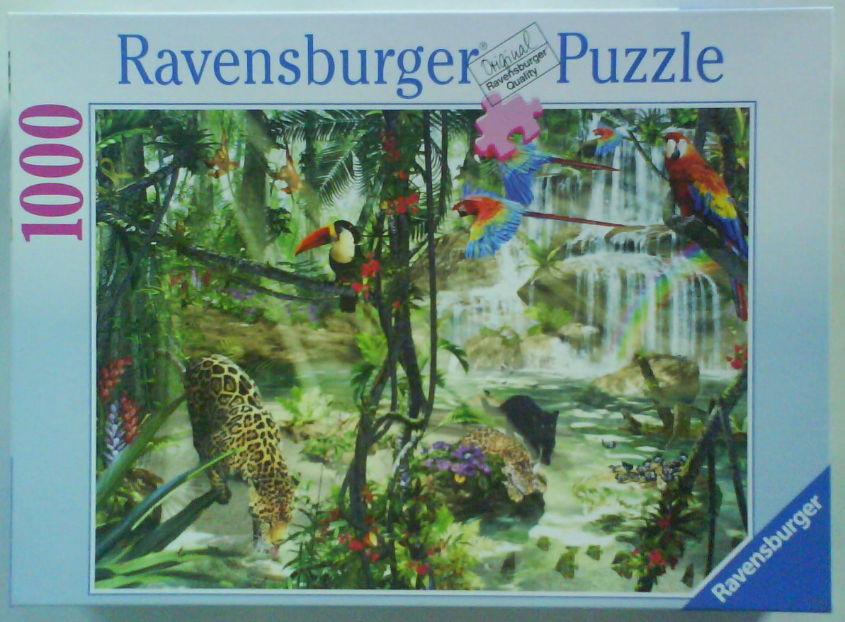 A lush jungle scene featuring a jaguar at a stream, toucans, and macaws near a waterfall.