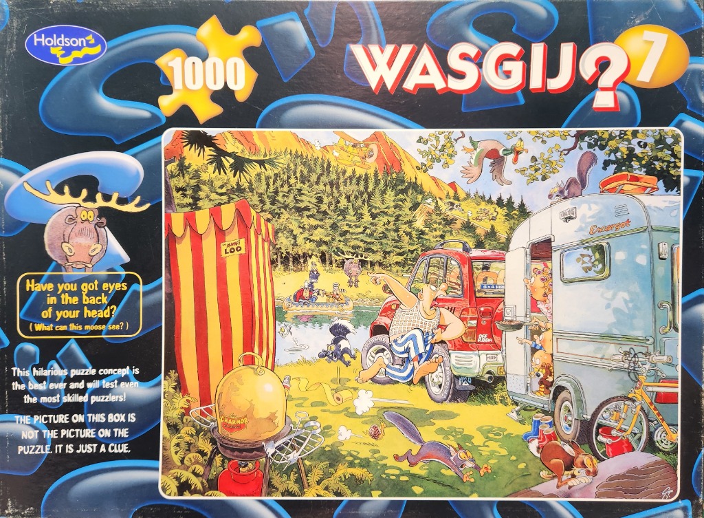 Cartoon scene of a chaotic campsite by a river with a man, a caravan, and various woodland animals.