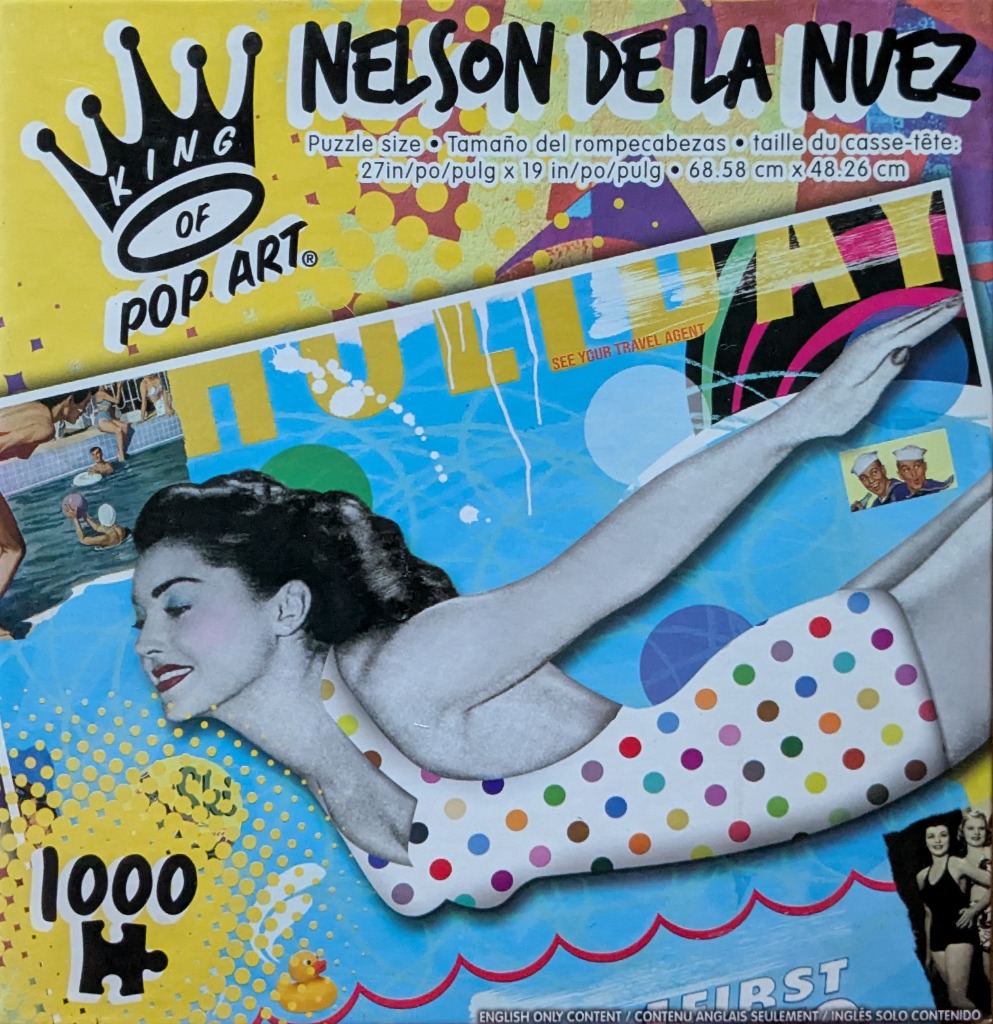 A collage-style pop art image featuring a woman diving, retro pool scenes, and colorful polka dots.