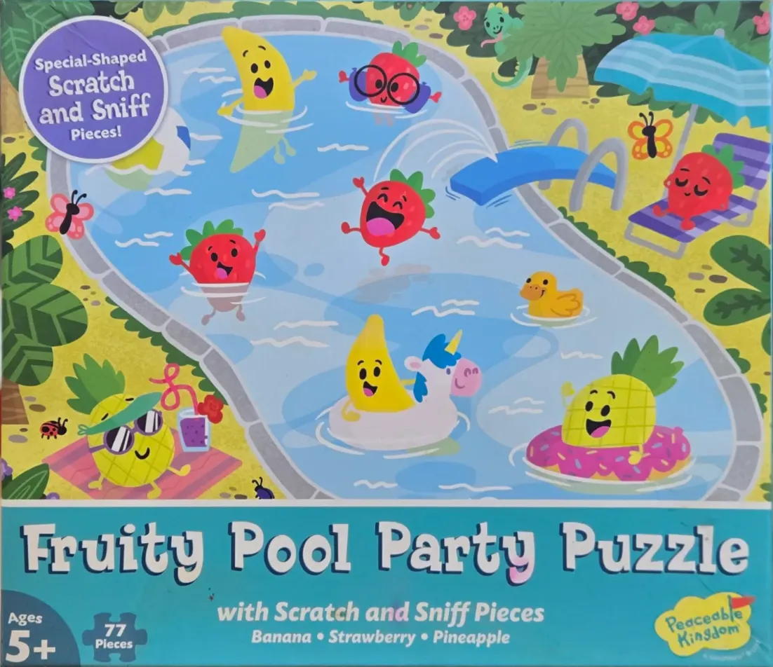 Cartoon illustration of anthropomorphic fruits having a party in a swimming pool