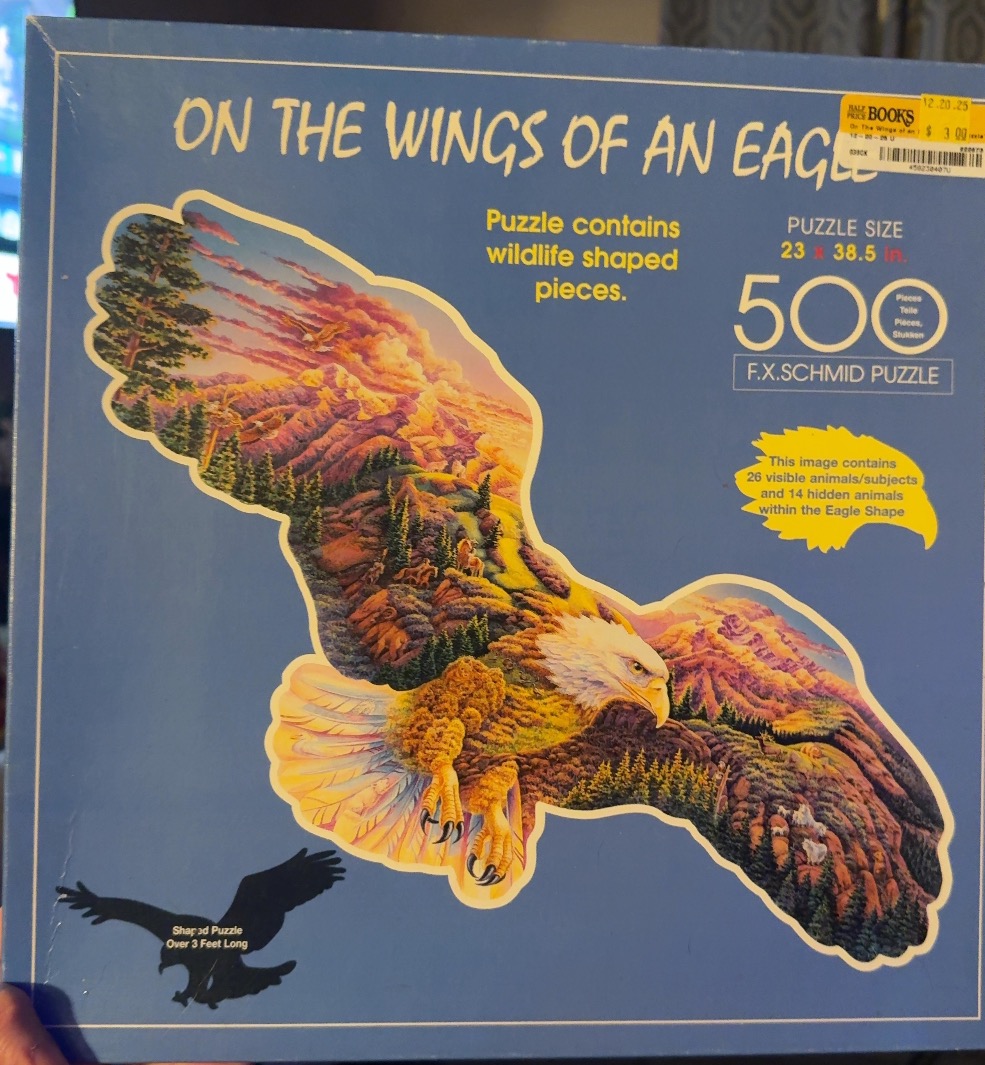 A silhouette of a bald eagle filled with a colorful landscape of mountains and wildlife.