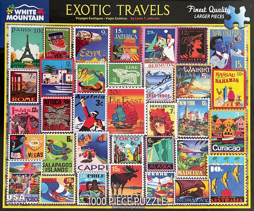 A collage of vintage-style travel postage stamps featuring landmarks and scenery from around the world.