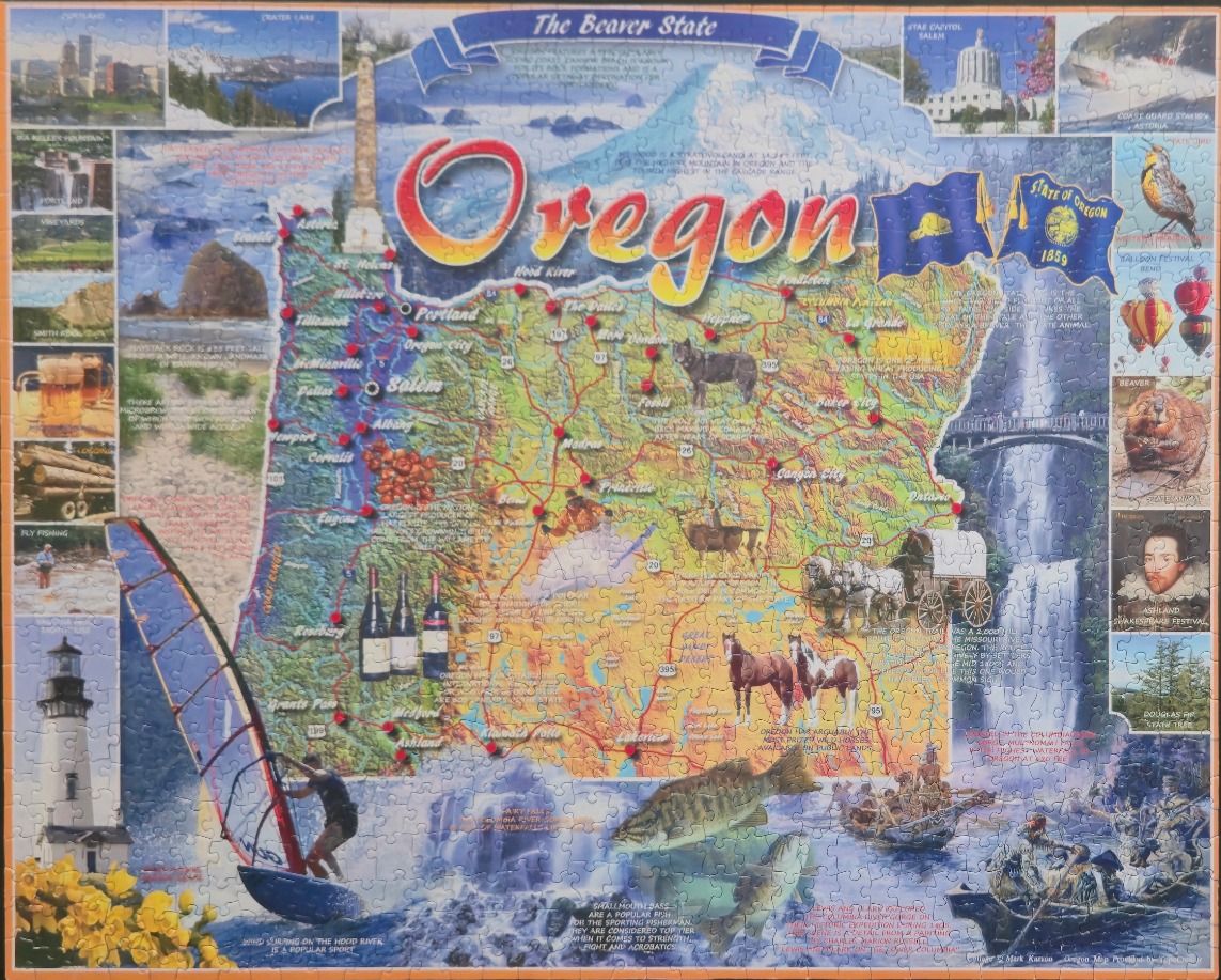 A colorful map of Oregon surrounded by smaller photographic vignettes of state landmarks and wildlife.