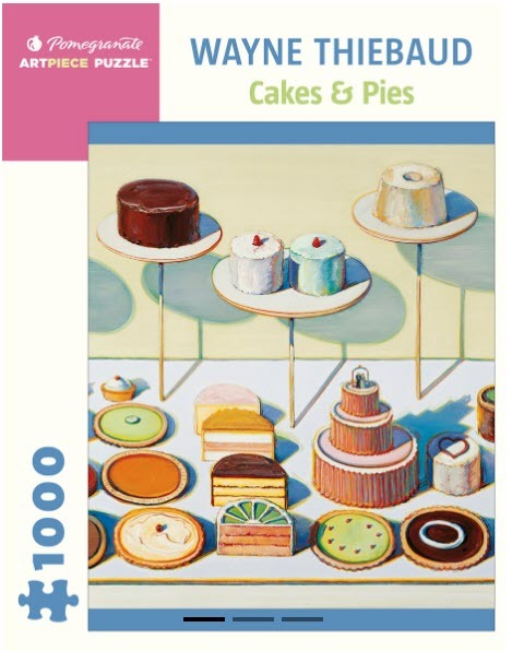 A Wayne Thiebaud painting depicting an array of cakes and pies on pedestals and a counter.