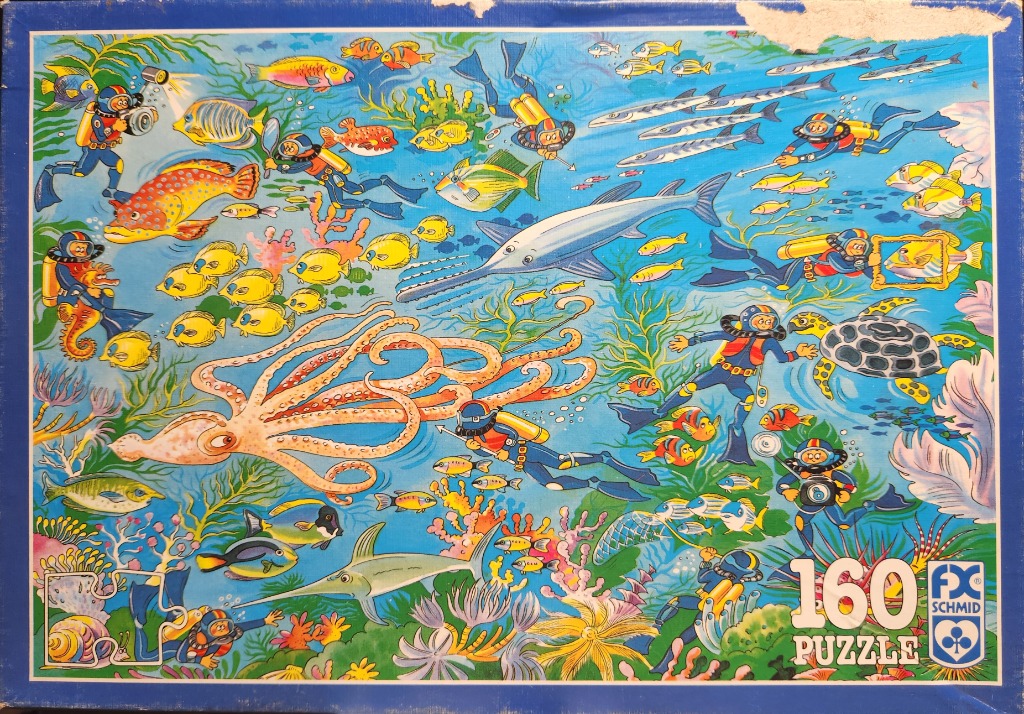 Colorful cartoon illustration of multiple scuba divers swimming among various sea creatures in a vibrant coral reef.
