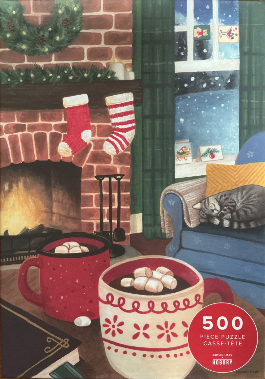 A cozy holiday scene with a fireplace, stockings, two mugs of hot cocoa, and a sleeping cat in an armchair.