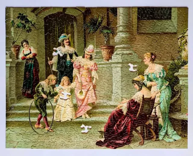 An illustration of 19th-century aristocrats and children on a palace terrace.