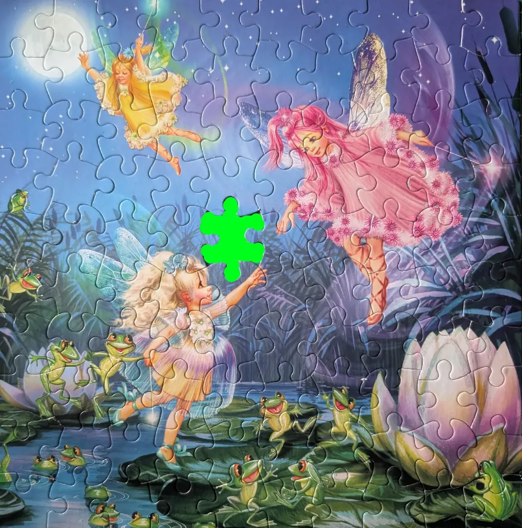 Three fairies flying over a pond filled with frogs and large water lilies at night.