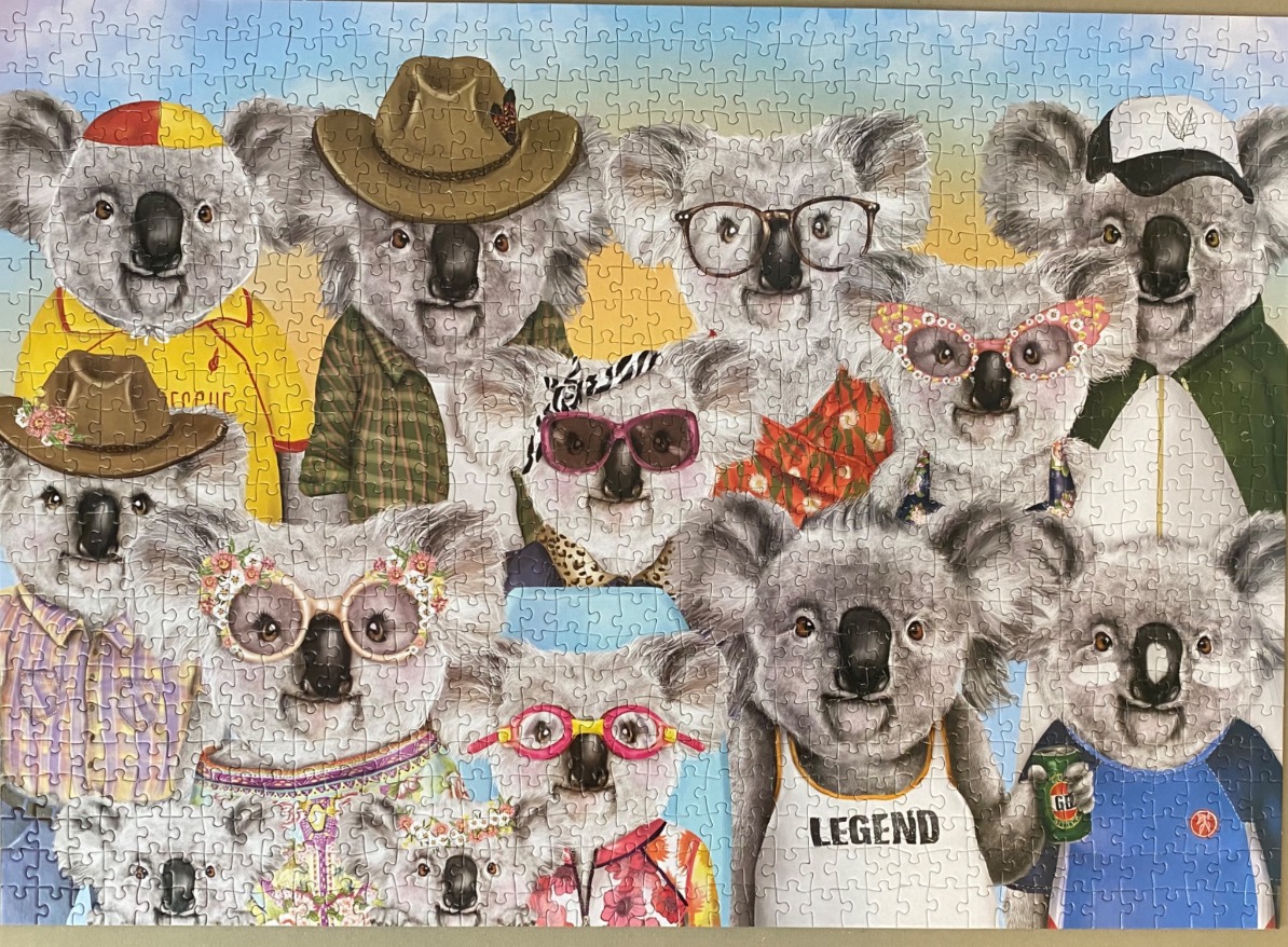 A whimsical illustration of a large group of koalas wearing various hats, glasses, and colorful clothing.