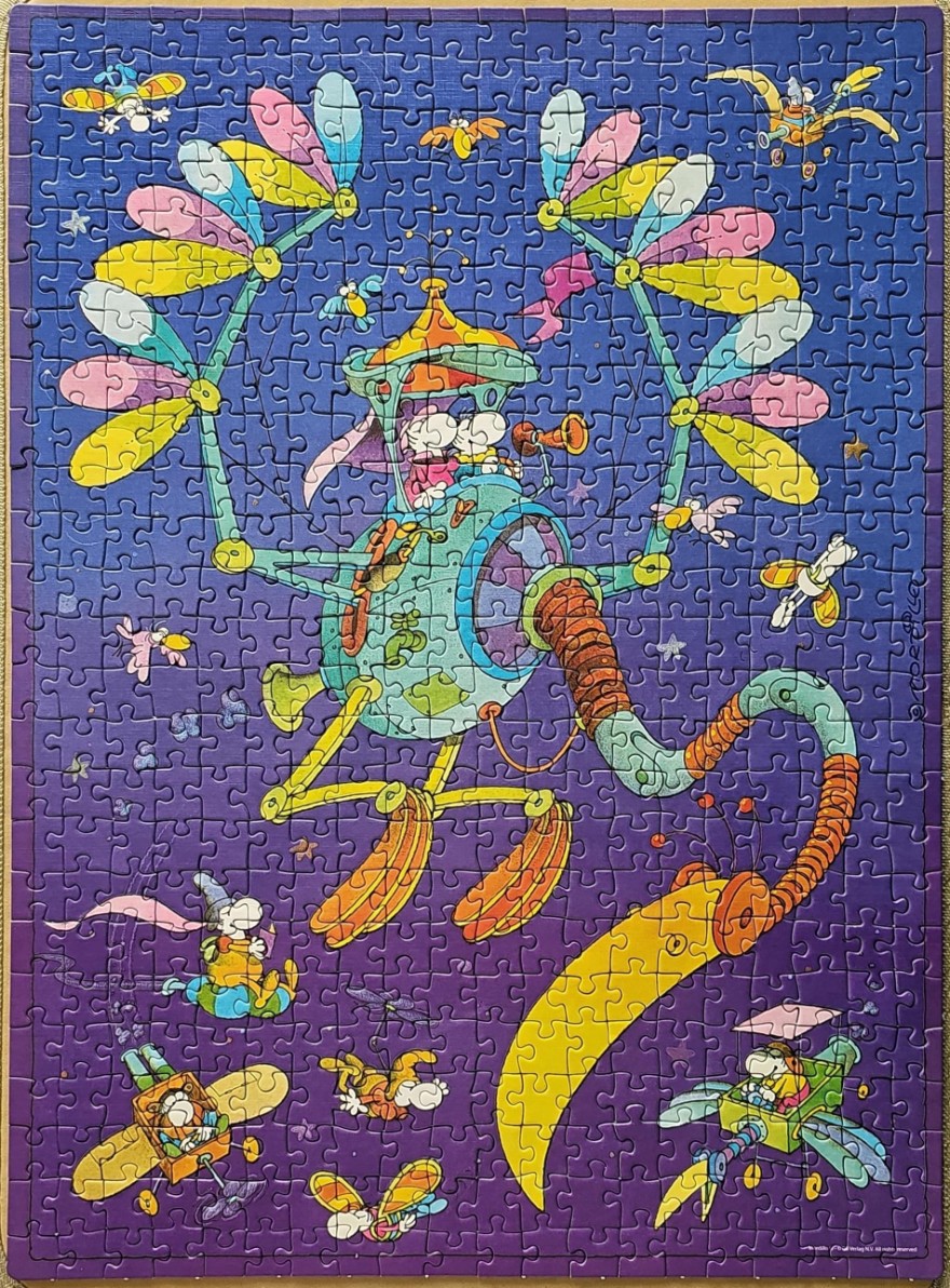 Whimsical illustration of cartoon figures in strange flying machines against a dark purple starry sky.