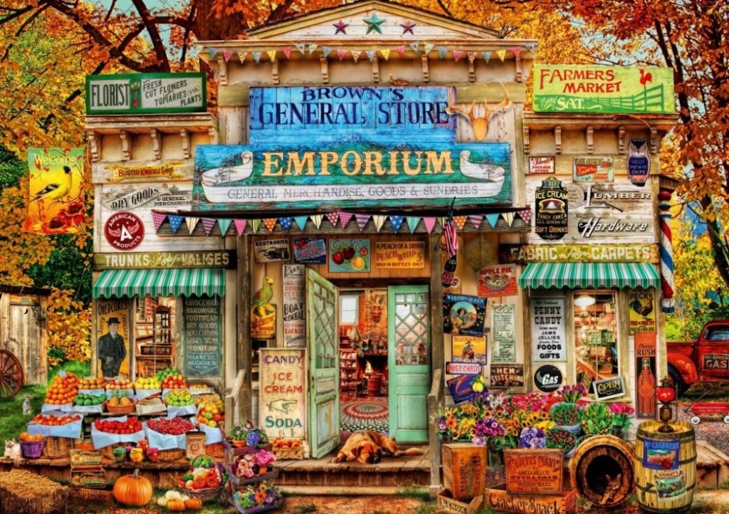 A detailed illustration of a vintage general store surrounded by vibrant autumn foliage and overflowing with goods.