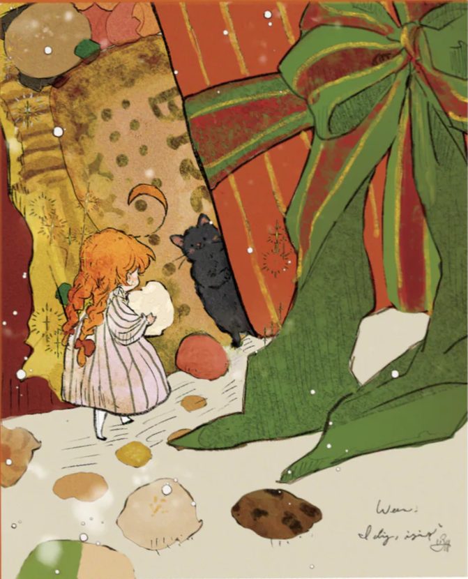 An illustration of a small red-haired girl in a nightgown holding a snowball while facing a black cat near a large gift.