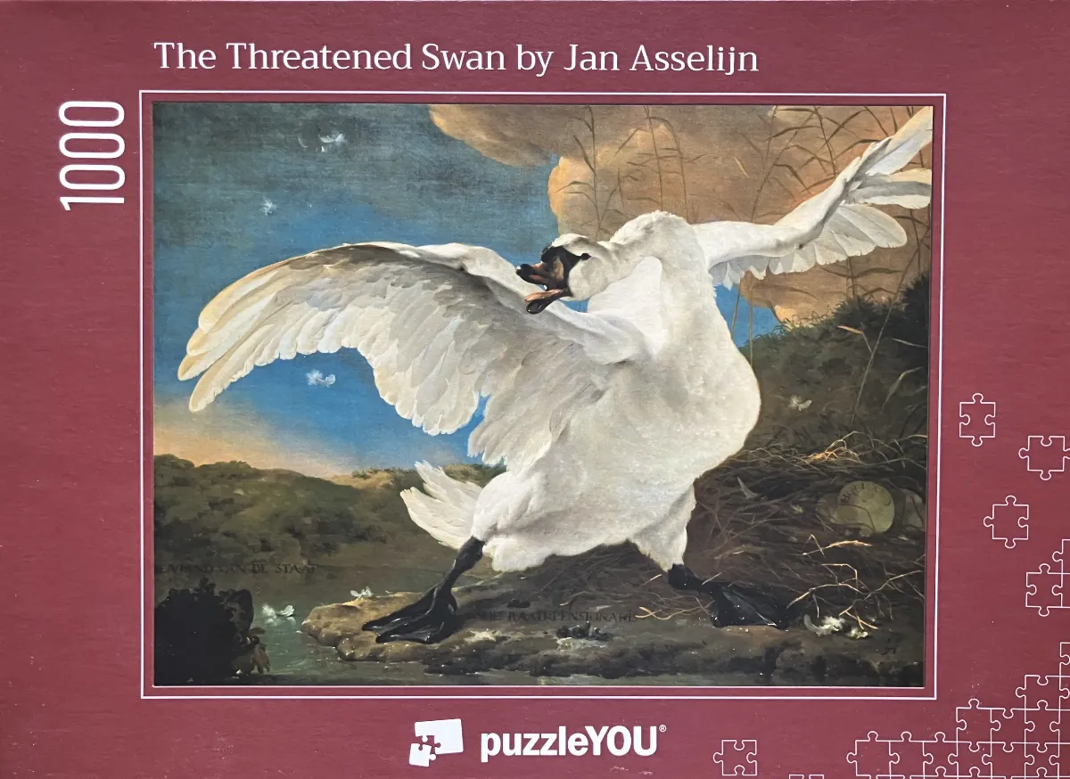 The Threatened Swan by Jan Asselijn, featuring a white swan aggressively defending its nest against an unseen threat.