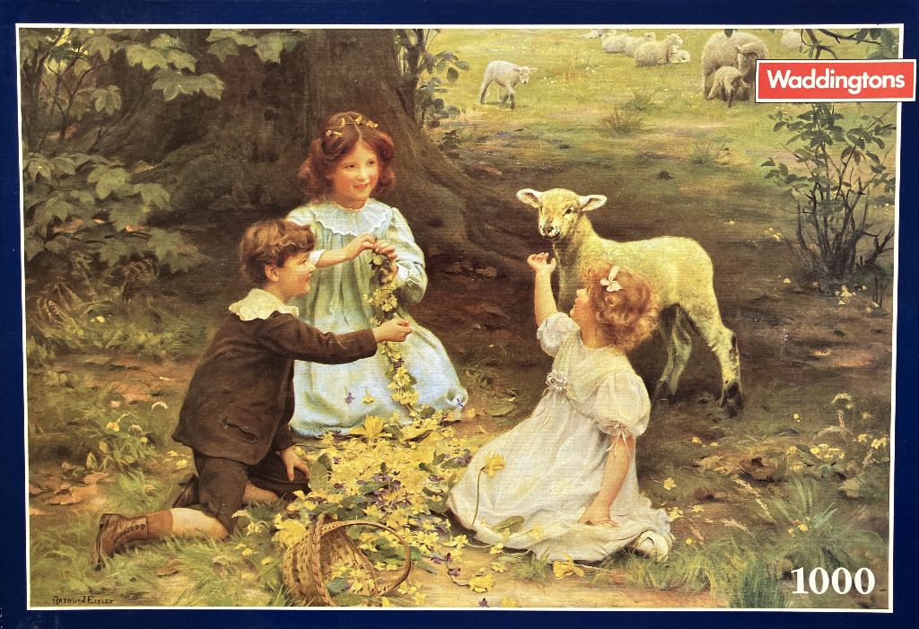 Painting of three Victorian children gathering flowers in a sunlit meadow with lambs nearby.