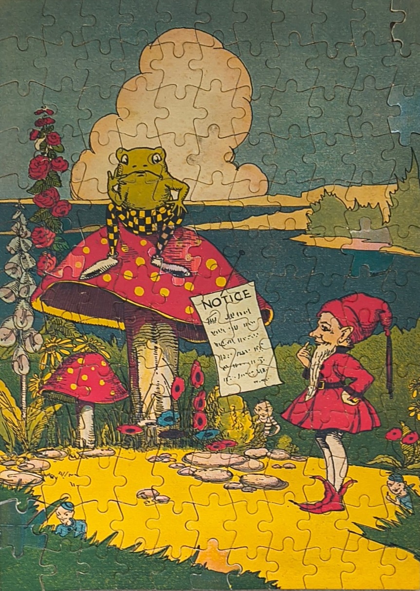 Vintage illustration of a frog in trousers sitting on a mushroom and a gnome standing on a yellow path