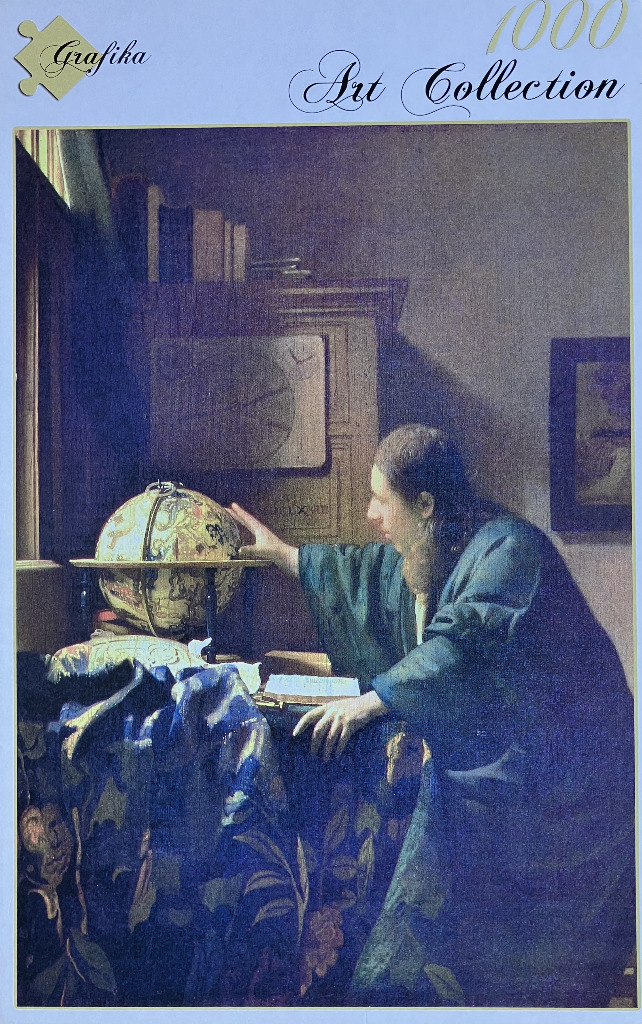 An oil painting of a scholar with long hair and a beard, gesturing toward a large celestial globe on his desk.