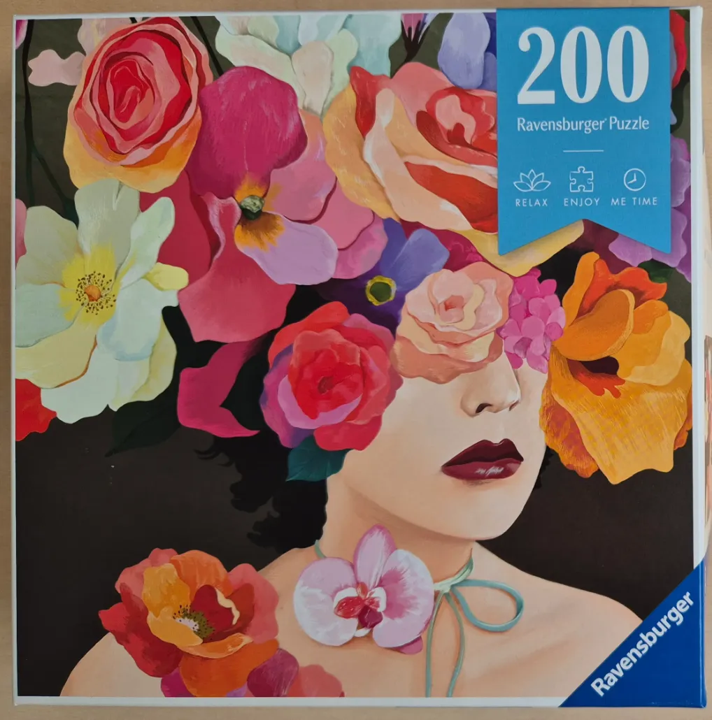 A digital painting of a woman with a large floral bouquet for hair against a dark background.