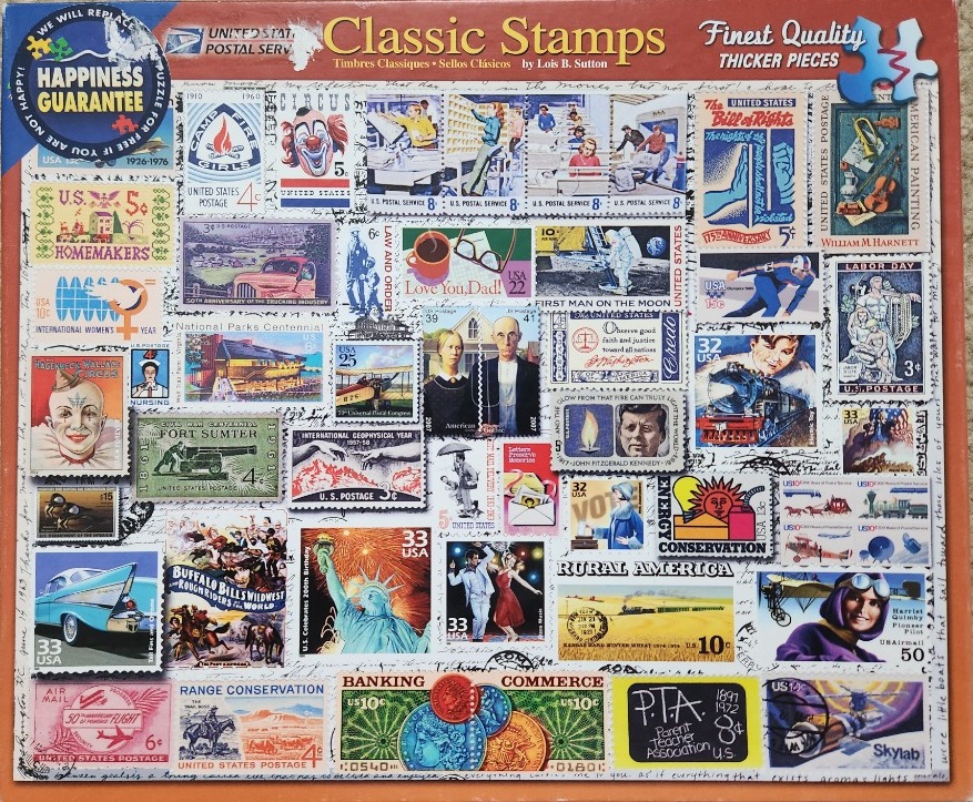 A collage of various vintage United States postage stamps featuring diverse American themes and historical subjects.