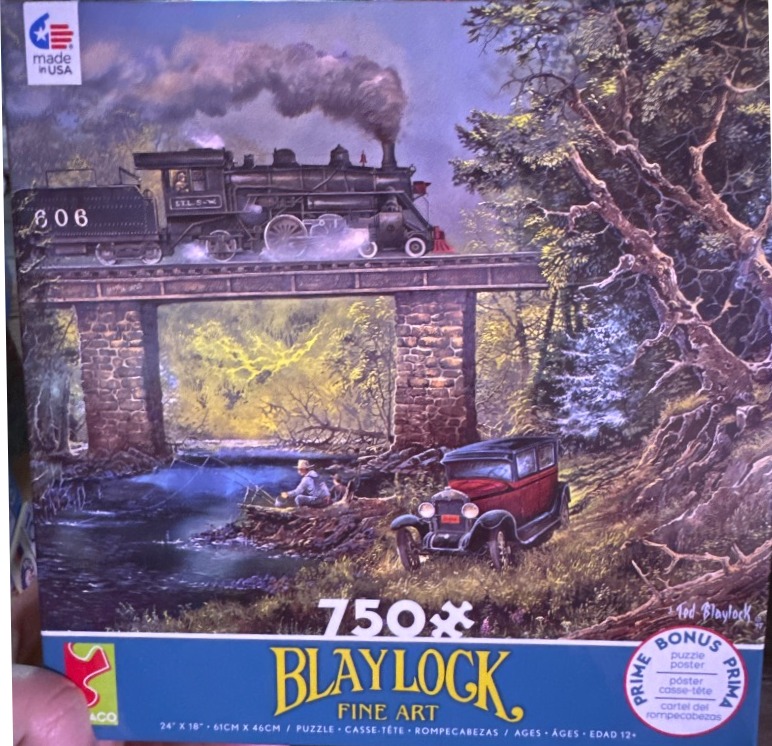 An oil painting of a steam train crossing a stone trestle bridge over a river with a vintage car parked nearby.