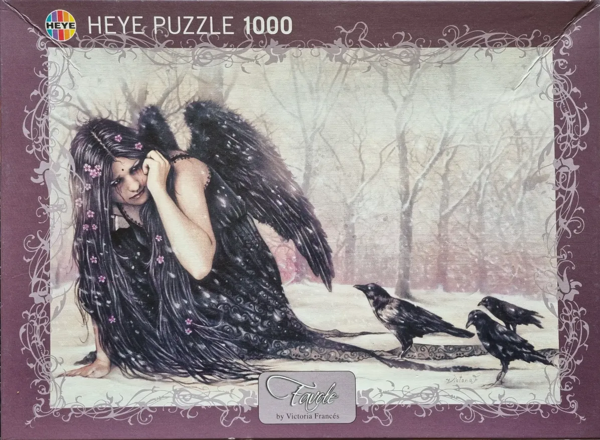 A gothic illustration of a winged woman with long dark hair crouching in a snowy forest with three black crows.
