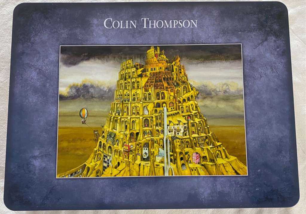 A whimsical illustration of a towering, golden Babel-like structure populated with small houses and a hot air balloon.