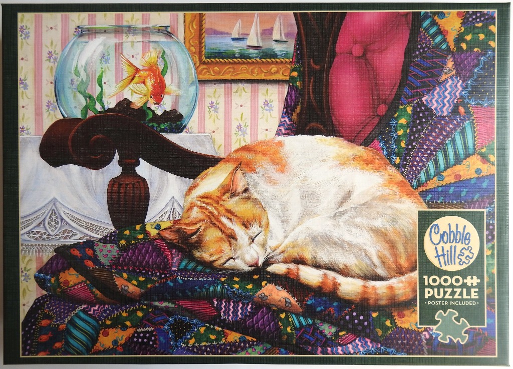 An illustration of an orange and white cat sleeping on a colorful patchwork quilt near a goldfish bowl.