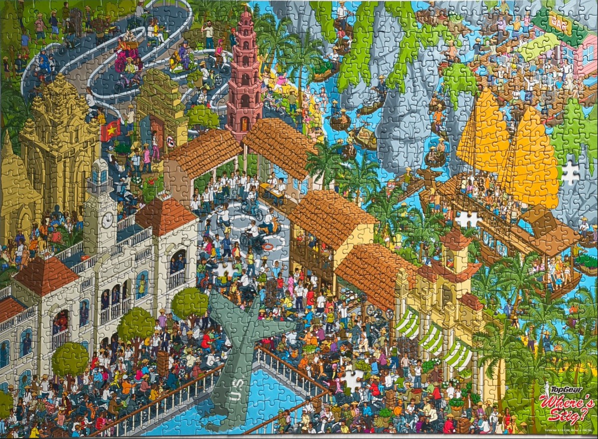 A busy cartoon illustration of a Vietnamese marketplace and historical site packed with tourists and motorbikes.
