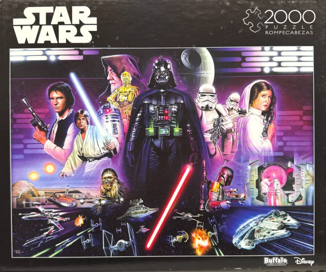 Star Wars ensemble cast artwork featuring Darth Vader, Luke Skywalker, Han Solo, and Princess Leia in a space battle.