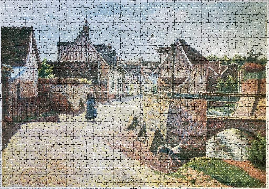 Impressionist painting of a quiet village street with a stone bridge and a figure walking.