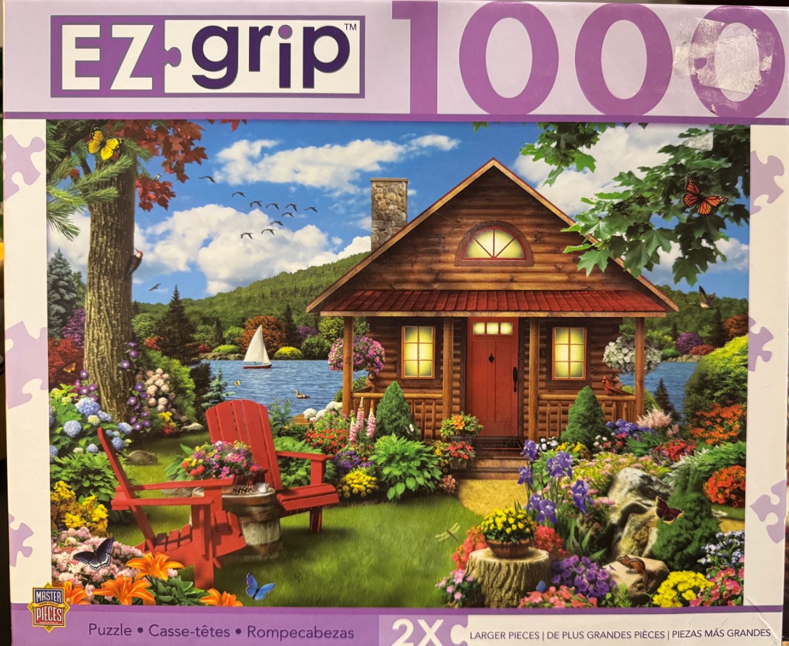 A peaceful log cabin by a lake surrounded by vibrant flowers and butterflies on a sunny day.