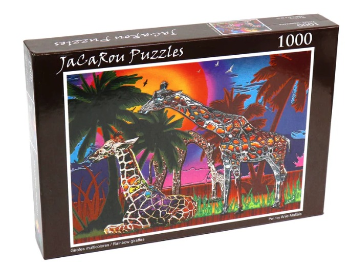 Illustration of giraffes in a vibrant, multi-colored sunset landscape with palm trees.