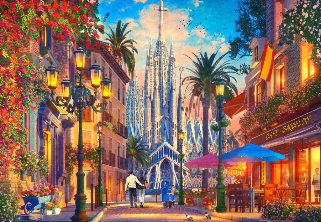 A romantic sunset view of the Sagrada Familia in Barcelona with a quaint street cafe, flowers, and a couple walking.