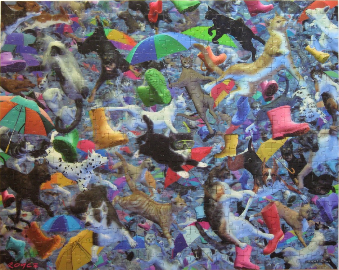A whimsical collage of cats, dogs, and colorful rain boots and umbrellas floating in a blue, watery space.