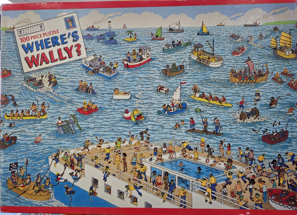 A bustling cartoon scene of a crowded cruise ship deck and many small boats on a vast, blue ocean.