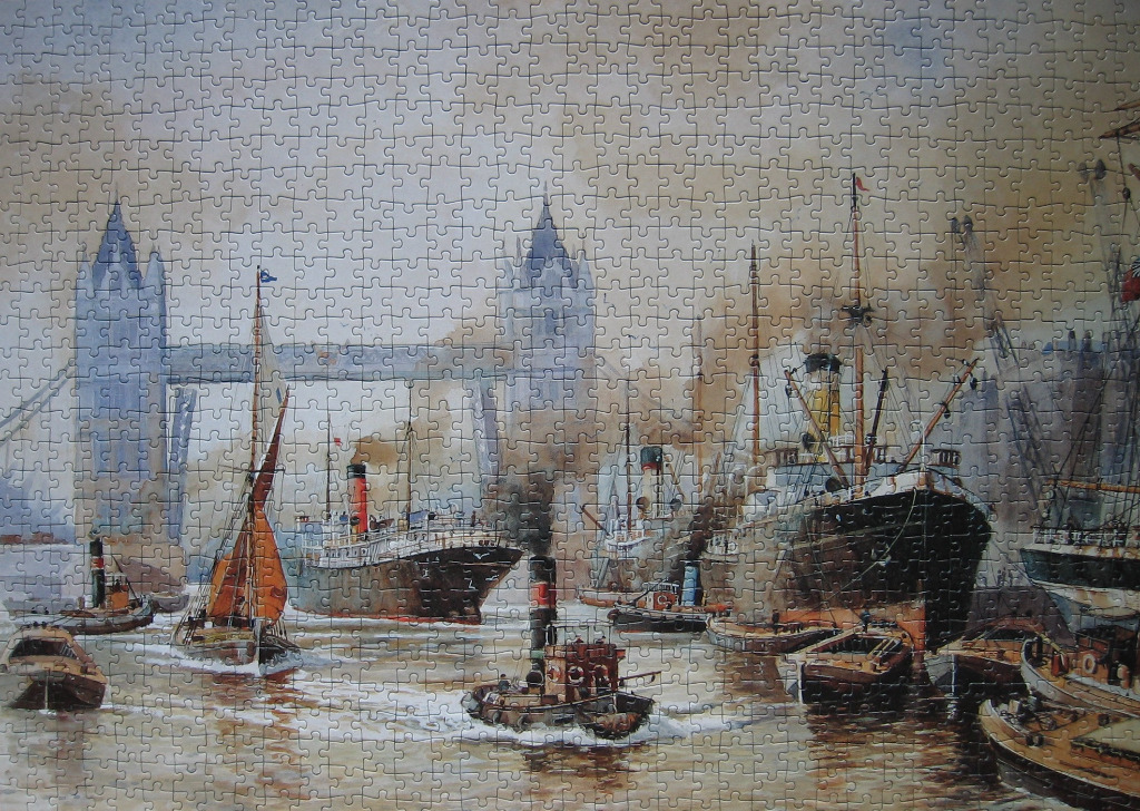 A watercolour painting of the River Thames in London featuring historic cargo ships and a steam tugboat with Tower Bridge.