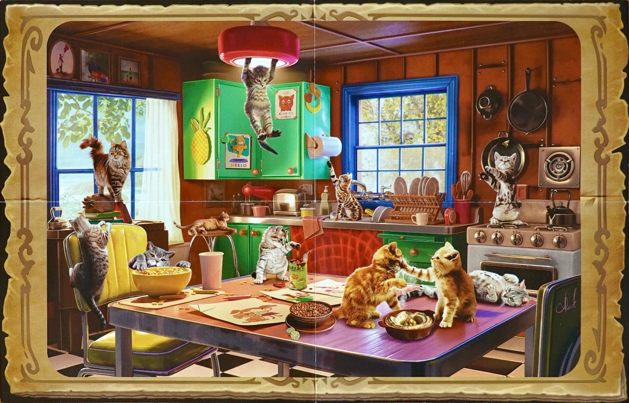 A lively kitchen scene filled with playful kittens causing mischief on the table and counters.