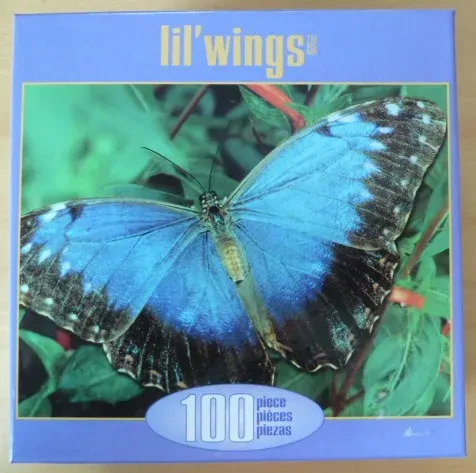 A close-up photograph of a vibrant blue Morpho butterfly resting on green foliage.