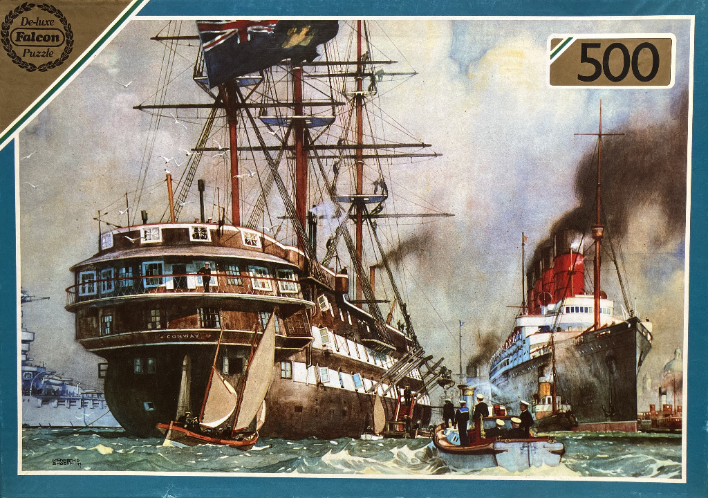 A vintage maritime painting showing the HMS Conway training ship alongside a steamship and smaller vessels at sea.