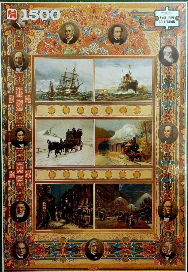 A Victorian-style collage featuring six scenes of transportation and transit surrounding by portraits of historical figures.