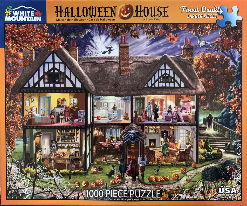 A cutaway illustration of a Tudor-style house at night filled with Halloween characters and pumpkins.