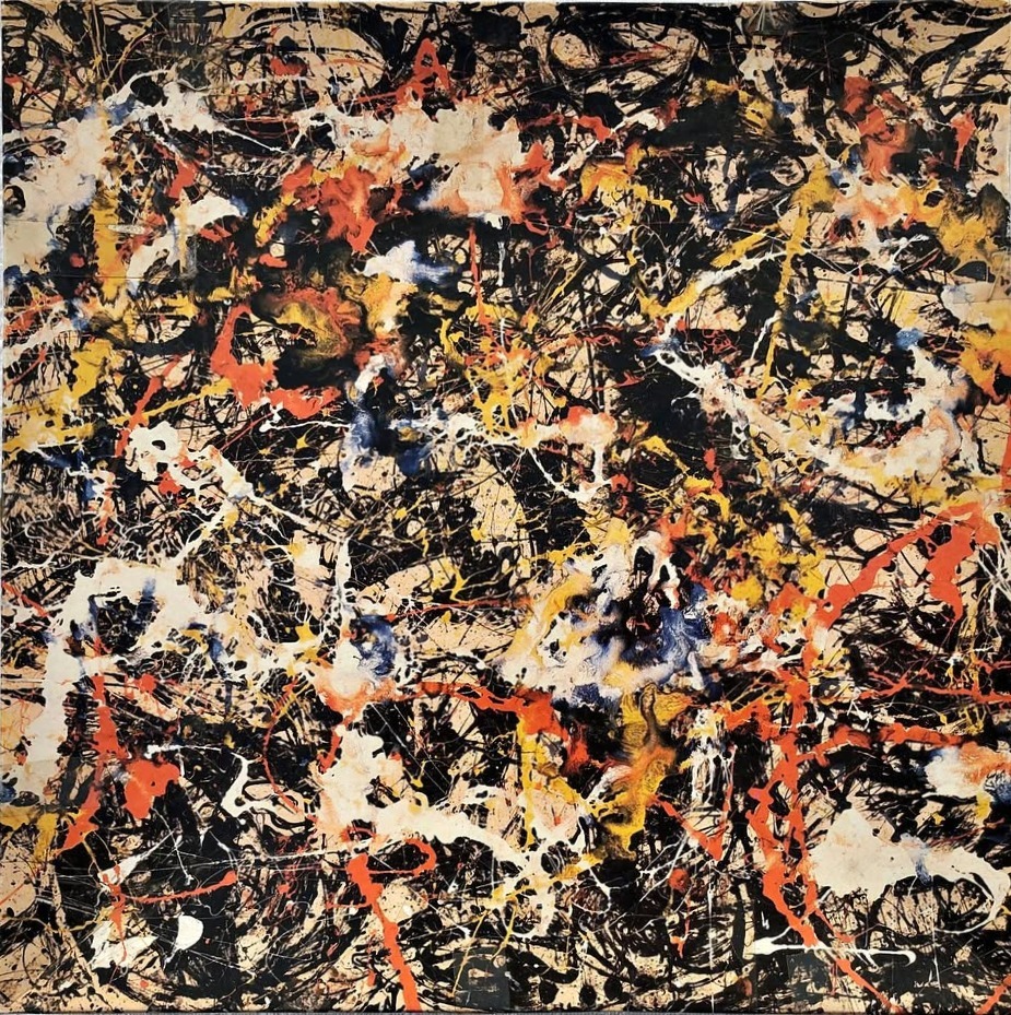 Abstract expressionist painting with energetic black, white, orange, and yellow paint drips and spatters on a canvas.
