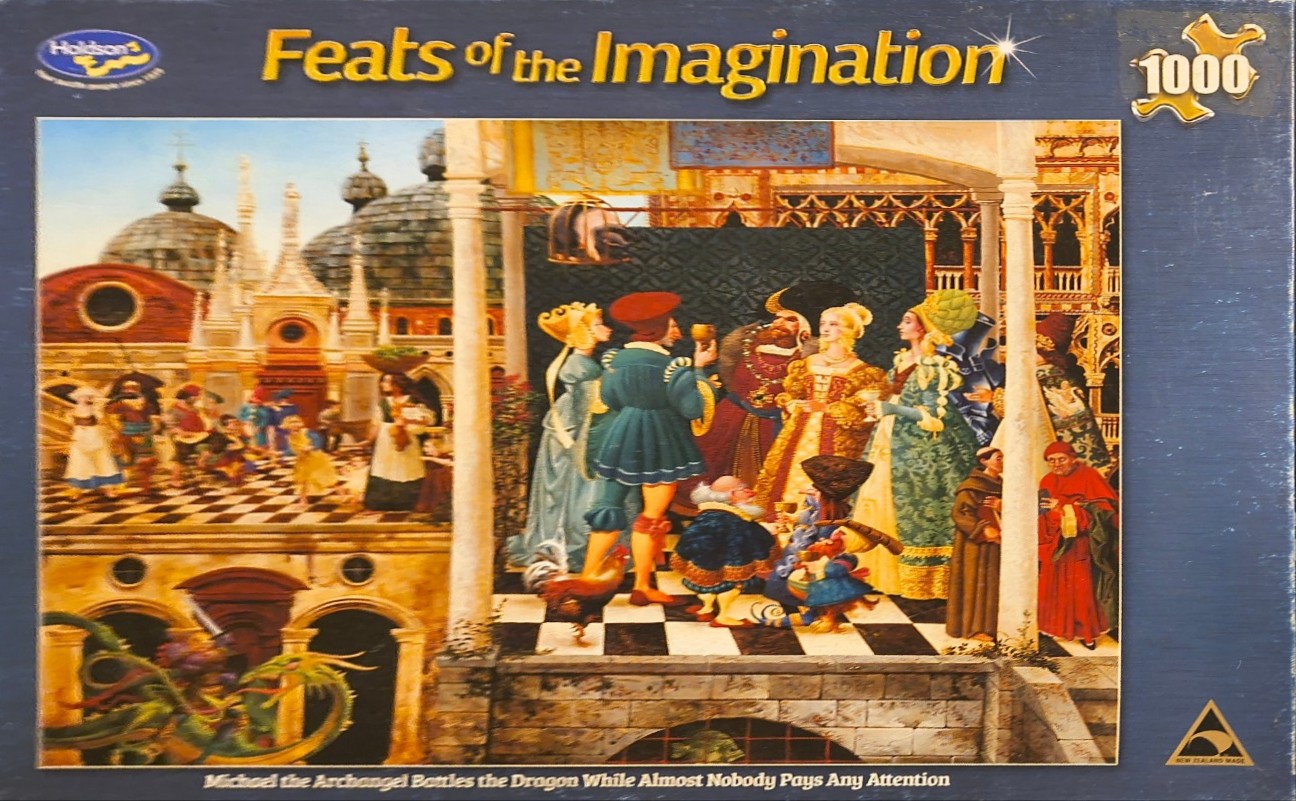 Renaissance-style painting of a lavish party where a knight fights a dragon beneath the floorboards.