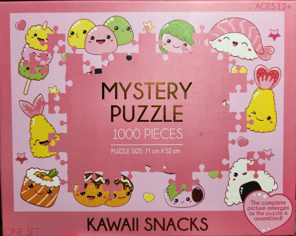 Kawaii cartoon-style snacks and sushi characters on a pink background.
