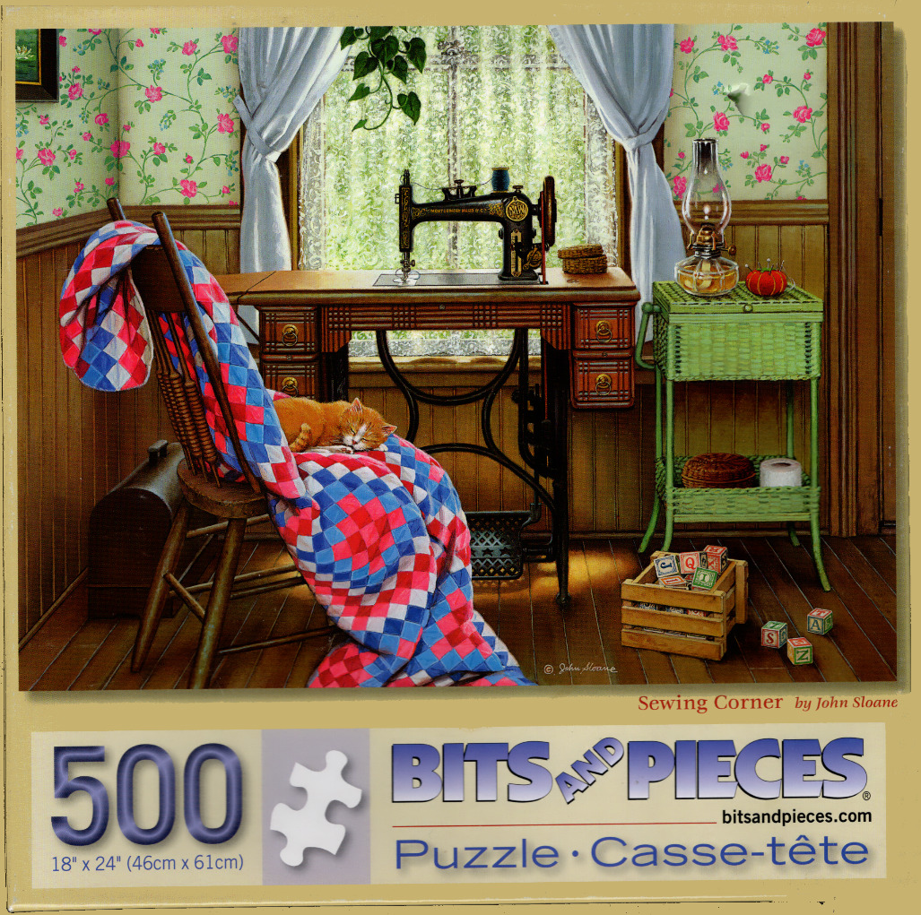 A cozy room with a vintage sewing machine, a sleeping orange cat on a quilt, and a window with floral wallpaper.