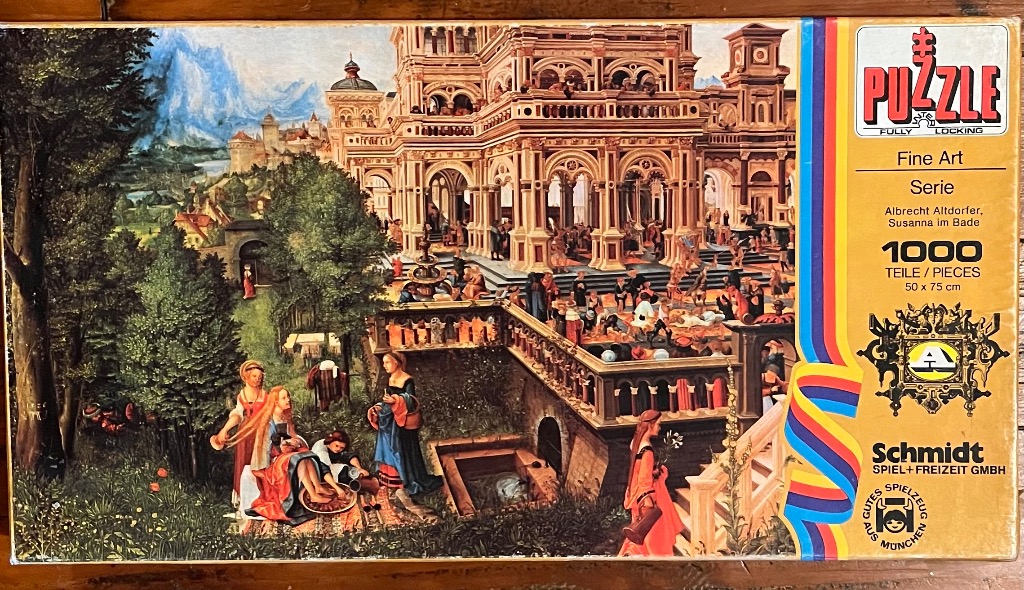 Albrecht Altdorfer painting of Susanna in the Bath with a grand Renaissance palace and figures in a garden setting.